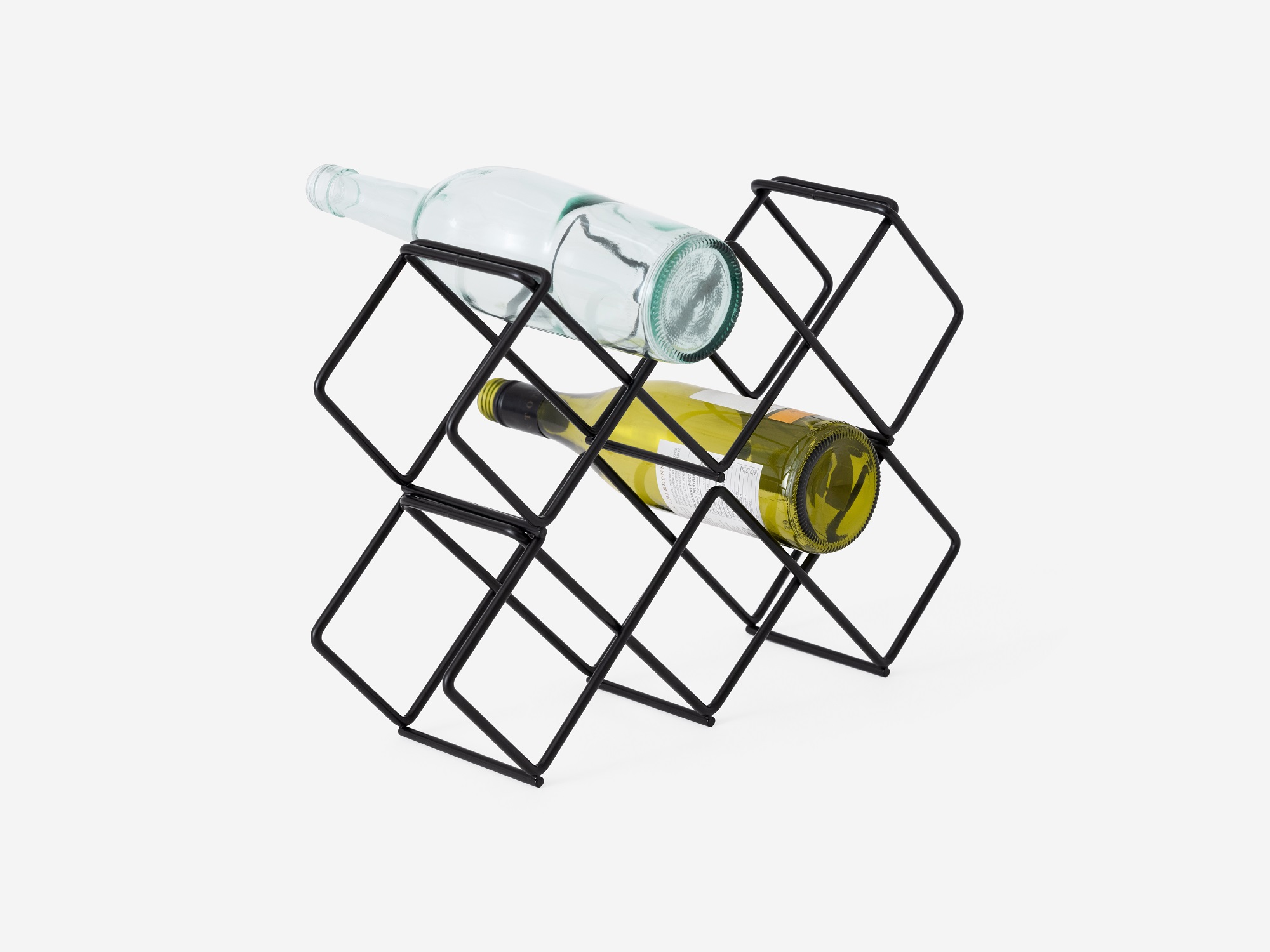 Double modular black wire wine rack with bottles front angle view